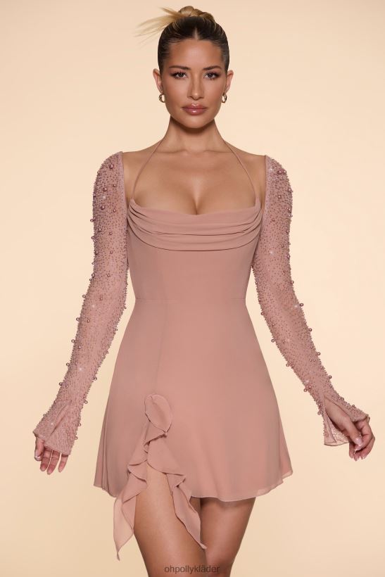 beige Oh Polly kvinnor florence långärmad kåpa halsringad a-line miniklänning Z84F2T61 klänningar