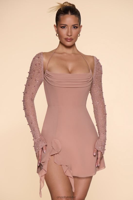 beige Oh Polly kvinnor florence långärmad kåpa halsringad a-line miniklänning Z84F2T61 klänningar