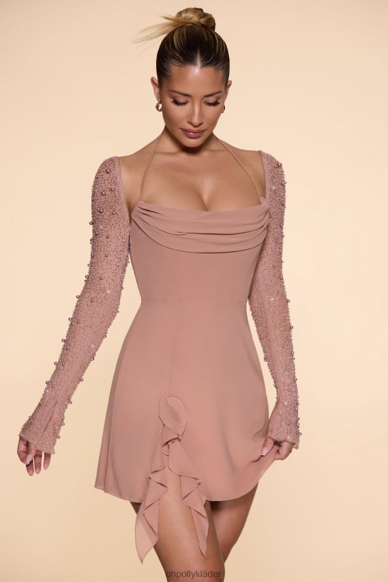 beige Oh Polly kvinnor florence långärmad kåpa halsringad a-line miniklänning Z84F2T61 klänningar
