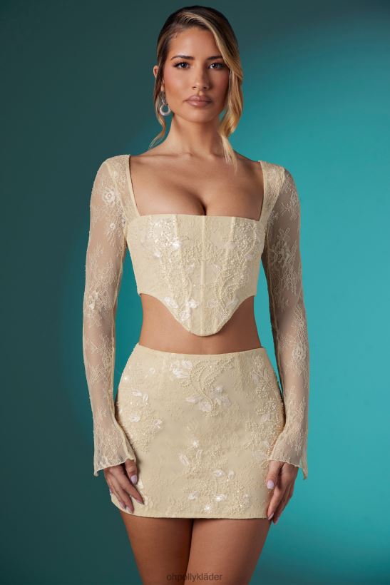 elfenben Oh Polly kvinnor neve långärmad utsmyckad spetskorsett crop top Z84F2T621 samling