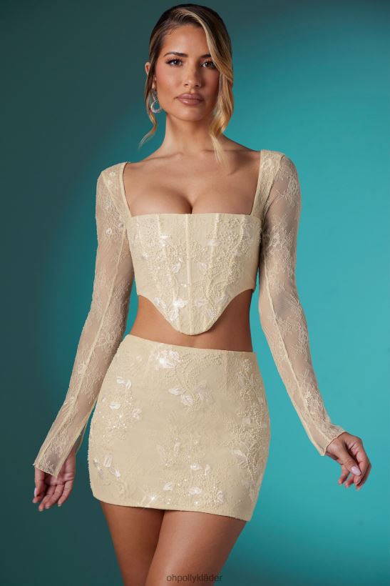 elfenben Oh Polly kvinnor neve långärmad utsmyckad spetskorsett crop top Z84F2T621 samling