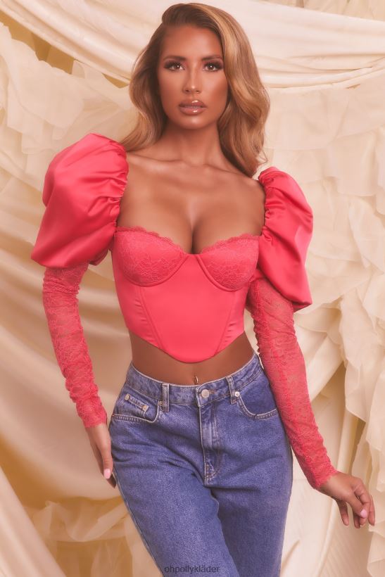 skrikrosa Oh Polly kvinnor någon att älska puffärm satin spets crop top Z84F2T697 samling