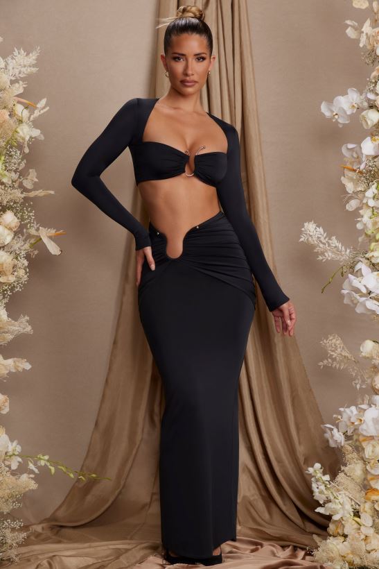 svart Oh Polly kvinnor Maeva långärmad rynkad crop top Z84F2T616 samling