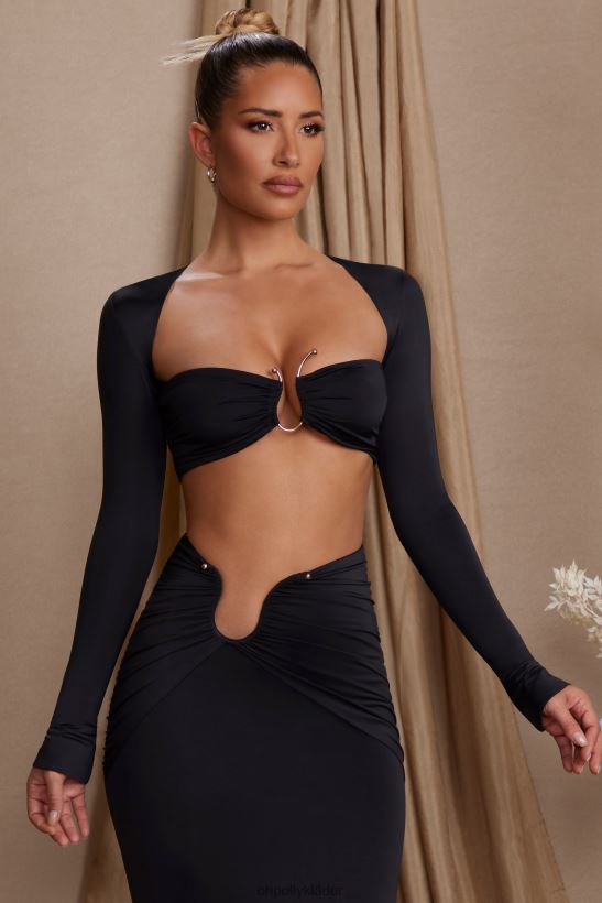 svart Oh Polly kvinnor Maeva långärmad rynkad crop top Z84F2T616 samling