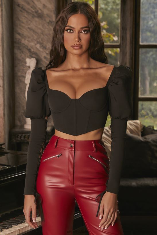 svart Oh Polly kvinnor mystiska sätt puff spets ärm crop top Z84F2T701 samling